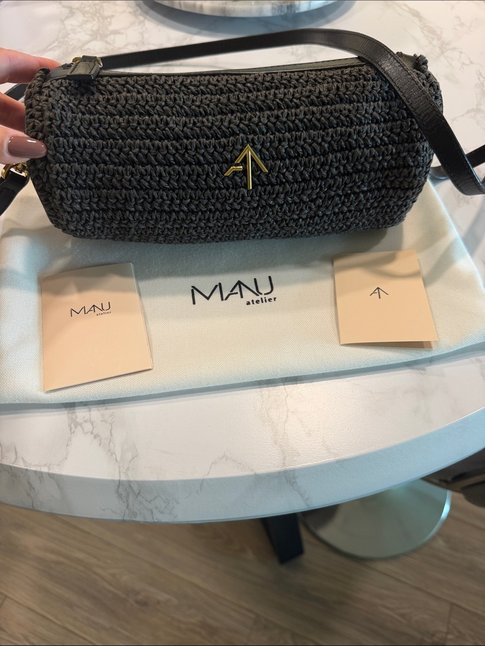 MANU Atelier XX Mini Cylinder Handwoven Crochet & Soft Calf Leather Black